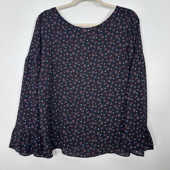 Loft Womens M Black Printed Floral Long Bell Sleeve Semi Sheer Blouse Workwear - Picture 1 of 7